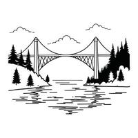 a black and white drawing of a bridge over the river vector