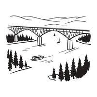 a black and white drawing of a bridge over a river white background. vector