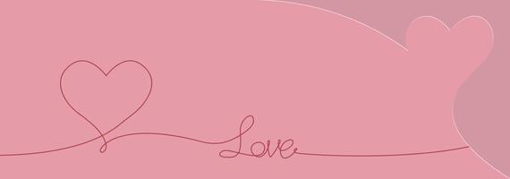 Happy Valentines day creative Banner Design. Love text and heart symbols, line art hand drawn style. Paper cut, copy space for sale header or voucher template, pink horizontal background vector