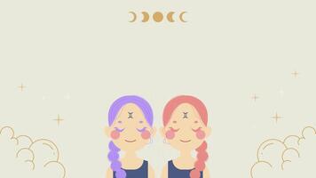 Animation of Gemini Zodiac Sign Featuring Twin Women with Hollow Design on a Neutral beige Background. Perfect for Horoscope, Astrology, and Zodiac Themes in Flat 2D Character Animation Style. video