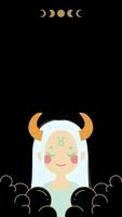 Animation of Taurus Zodiac Sign Featuring a Woman with Horns and Hollow Design on Black neutral Background. Ideal for Horoscope, Astrology, and Zodiac Themes with Flat 2D Character Animation Style. video