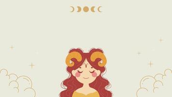 Animation of Aries Zodiac Sign, a Red Haired Woman with Horns and Hollow Design on Neutral beige Background. Perfect for Horoscope, Astrology, and Zodiac Themes in Flat 2D Character Animation Style. video