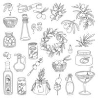set of olives, olive oil, olive branches, black outline. Branches with berries, bottles of oil, drinks with snacks, a ribbon with an inscription. Isolated objects highlighted on a white background vector