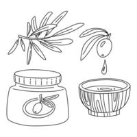 set of olive branches in the form of a contour. An olive tree sprout in gift bag, branch with leaves, olive oil in plate. Isolated flat illustration. environmentally friendly product with olive oil vector