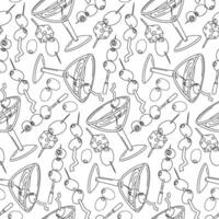 martini glass pattern with olives on skewers. Seamless variety of sticks with strung berries. Olives strung on a skewer float in a glass with a drink. An exquisite drink. Contour illustration on white vector