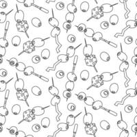 pattern of a skewer with olives. Seamless variety of sticks with strung berries. Olives as an appetizer. Two, three olives, cheese. A hand-drawn outline. Contour illustration on a white background vector