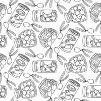 pattern of jars with olives. Seamless contour texture of jars of different shapes in glass, iron jar, wooden plate. Olives with and without pits. Contour illustration of food products. Coloring pages vector