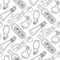 pattern of glass bottles, jug of olive oil, and ribbon with an inscription. Several bottles of homemade olive oil and one of the ones I bought at the store. Seamless sketch illustrations, coloring vector