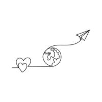 One continuous line drawing of Earth globe with paper airplane vector
