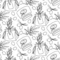 pattern of olive branches and fruits, contour. An olive tree sprout in a gift bag, a branch with leaves, olive cosmetics in a jar. Seamless flat Texture. eco-friendly product with olive oil. Repeat vector