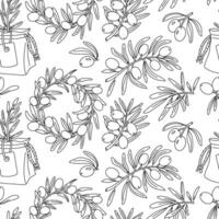 pattern of olive branches, outline. Twigs, a sprout, a wreath of fruits, olives. Seamless texture on a white background. An environmentally friendly product with olive oil content. natural vector