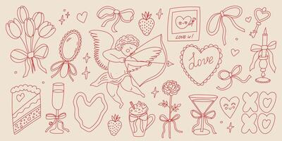 Various romantic doodles featuring a cherub, hearts, and love-themed elements on a soft background vector