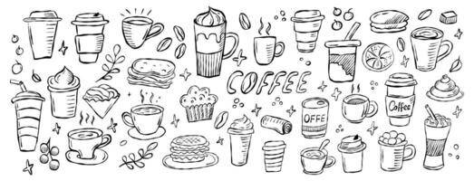 Collection of hand-drawn coffee and pastry illustrations showcasing various drinks and snacks in a whimsical design vector