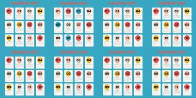 Minimalist eight-year calendar design from 2025 to 2032 with colorful circular month headers. Organization concept. Flat design. vector