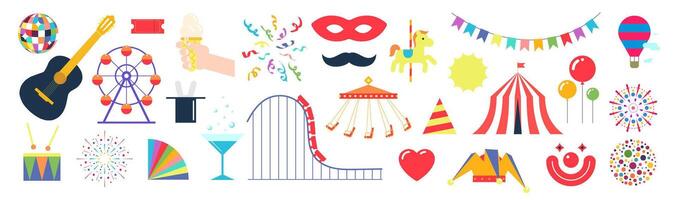 Modern bold geometric amusement holiday festive elements. Carnival and funfair symbol designs for advertisement print. Featuring circus tent, carousels, clown and guitar. Perfect for event promotion vector