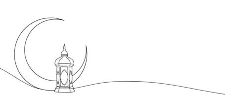 Ramadan Kareem outline illustration. Moon and lantern drawn one continuous line. Eid Mubarak holiday. vector