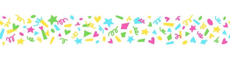 Bright confetti seamless border isolated on white background. Confetti explosion. Celebration background, banner, header, mail listing. Serpentine, colored paper cuts. Decoration for birthday, holiday vector