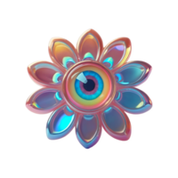 3D chrome element in Y2K style, isolated background, liquid holographic metal. Flower with large eye in the center, surrounded by a rainbow of colors, playful appearance. png