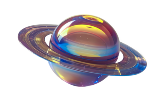 3D chrome element in Y2K style, isolated background, liquid holographic metal. Colorful, iridescent and shiny planet with a blue and yellow rim. png