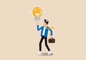 Business idea, businessman company leader got solution to solve business problem or creativity thinking concept, smart businessman holding suitcase thinking and got bright lightbulb lamp on his finger vector