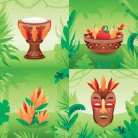Gradient jungle illustration collection with mask and drum vector
