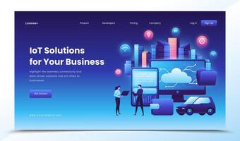 Gradient IoT landing page template with people and big devices vector