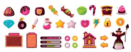 Hand drawn flat game assets icons set vector