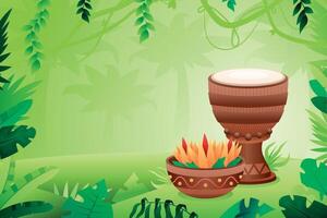 Gradient jungle background with drum and tropical leaves vector