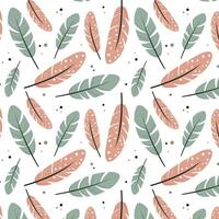Seamless pattern of hand drawn feathers in soft pastel green and pink colors with polka dots and decorative elements. Ideal for textile design, wallpapers, wrapping paper, and stationery. vector