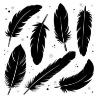 Black silhouette set of feathers with decorative elements and dots on a white background. Minimalist and elegant design, perfect for prints, patterns, and creative projects. vector