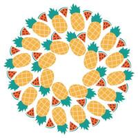 Pineapple and Watermelon slices with seed Circular frame border in Summer hues. Copy space Template. Isolated illustration Thematic cards or web promo banner, leaflets, print materials or tags vector