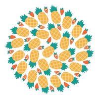 Pineapple and strawberry Circular background texture in Summertime shades. Healthy eating background. Isolated illustration Thematic cards or web promo banner, leaflets, print materials or tags vector