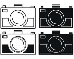 Camera outline and silhouette icon graphic, photography design element, black and white, white and black and black with a knock out stroke isolated on a white background vector