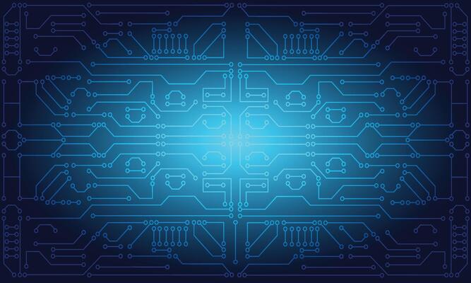 Technology style background, circuitry on a motherboard in a neon blue colour scheme