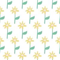 Seamless Pattern of Minimalist yellow daisy Flowers with Green Leaves on a White Background for Fabric or Decor vector