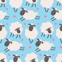 Seamless Pattern of Cute Cartoon Sheep with hearts on a blue background in a Minimalist Style vector