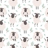 Seamless Pattern of Cute Cartoon Sheep in different poses with leaves and twigs in a Minimalist Style on a White Background vector