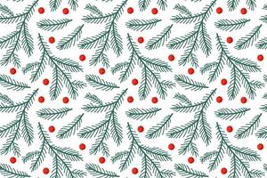 Festive holiday pattern featuring green pine branches and red berries on a white background vector