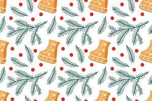 Winter-themed pattern featuring ice skates and pine branches on a white background vector