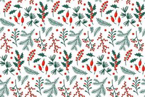 Festive holiday pattern featuring red berries and green leaves on a light background vector