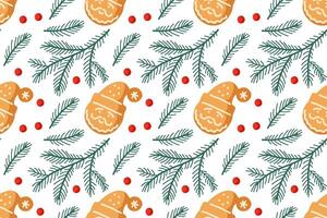 Colorful Christmas pattern featuring Santa Claus and festive greenery with berries vector