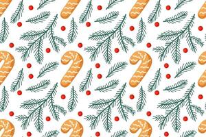 Festive holiday pattern with candy canes, greenery, and red berries on a white background vector