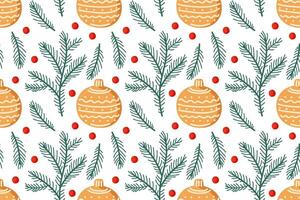 Festive holiday pattern featuring ornaments, pine branches, and berries on a white background vector