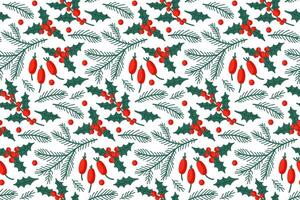 Festive holiday pattern featuring holly leaves and bright red berries on a white background vector