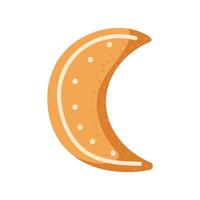 A crescent moon shaped cookie with orange icing and white sprinkles on a plain background vector