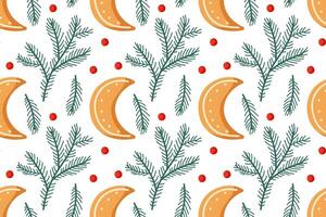 Festive pattern featuring orange slices, evergreen branches, and red berries on a white background vector