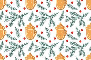 Holiday drinks, pine branches, and red berries form a festive winter pattern on white vector