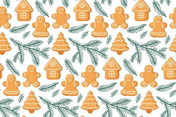 Festive gingerbread cookies and evergreen branches create a cheerful holiday pattern