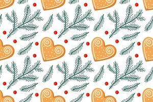 Festive heart-shaped cookies adorned with greenery and berries in a cheerful pattern design vector