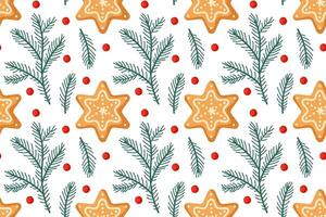 Festive gingerbread cookies and pine branches pattern in a cheerful holiday design vector